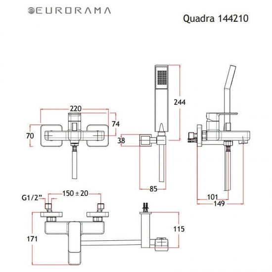 Μπαταρία Λουτρού Eurorama Quadra Chrome 144210-100 Χρωμέ Μπαταρία Λουτρού Eurorama Quadra Chrome 144210-100 Χρωμέ